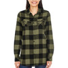 A long sleeve, yarn-dyed flannel shirt in green and black check pattern, featuring two front pockets and a button-up design.