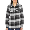 A long sleeve button-up shirt in black and grey plaid with two chest pockets and a logo.