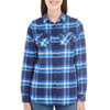 A long sleeve yarn-dyed flannel shirt in blue and navy featuring a check pattern and two chest pockets.