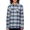 A long sleeve, yarn-dyed flannel shirt featuring a grey and blue plaid pattern with two chest pockets.