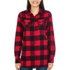 A long sleeve yarn-dyed flannel shirt in red and black check pattern, featuring button-up front and pockets.