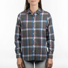 A grey plaid flannel shirt featuring blue and white accents, with a button-up front and a chest pocket.