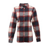 A long sleeve yarn-dyed flannel shirt featuring a red, navy, and cream plaid pattern, with a button-up front and collar.