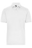 A white men's polo shirt with a collar, short sleeves, and a logo on the chest.