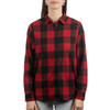 A red and black checkered button-up shirt with long sleeves and a collar. It features a logo.