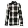 A button-up shirt in a black and white checkered pattern with long sleeves and a collar. It features a logo on the label.