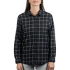 A button-up flannel shirt in navy blue with white checkered pattern. Features a collar and button closure.