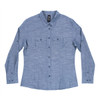 A long sleeve chambray shirt in grey, featuring a button-up front and two chest pockets, with a logo present.