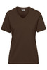 A brown ladies' V-neck work t-shirt with short sleeves and a branded label.