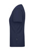 A navy blue work T-shirt featuring a simple design and a logo on the side.