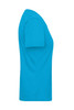 A turquoise ladies' work T-shirt with short sleeves, displayed from the side. The shirt has a logo.