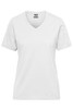 A white ladies' t-shirt with a v-neck and short sleeves, featuring a logo.