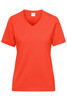 A vibrant orange Workwear T-shirt featuring a V-neck and short sleeves, with a logo on the label.