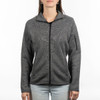 A grey full zip sweater knit jacket with a front zipper and side pockets, featuring a logo on the upper arm.