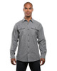A grey mens long-sleeve solid flannel shirt with two front pockets and a button-up design.