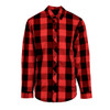 A men's long sleeve shirt in red and black buffalo plaid design, featuring a button-up front and collar.