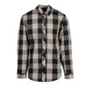 A long sleeve button-up shirt featuring a black and grey buffalo check pattern and a logo on the chest.