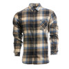 A button-up shirt in a blue, cream, and navy plaid pattern, featuring a chest pocket and a logo.