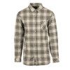 A short sleeve yarn-dyed flannel shirt in a grey and black plaid pattern with a chest pocket and button-up design.