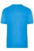 A blue work t-shirt with a round neckline and short sleeves, featuring a logo on the back.