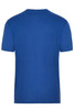 A blue men's t-shirt with a crew neck and short sleeves, featuring a logo on the back.