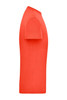 A side view of a bright orange men's workwear T-shirt featuring short sleeves. It has a logo on the chest.