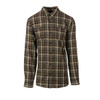 A flannel work shirt in dark green and brown plaid with long sleeves and a collar. Features a logo on the back.