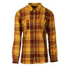 A flannel shirt featuring a yellow and burgundy plaid pattern with two front pockets. It has a button-up design.