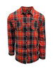A flannel shirt featuring a red and black plaid pattern, with two chest pockets and a button-up design.