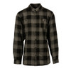 A flannel shirt in black and grey plaid, featuring long sleeves and a chest pocket. It has a logo on the label.