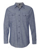 A long sleeve chambray shirt in a blue shade, featuring two front pockets and a button-up design.