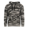 A grey and black camo-patterned pullover hoodie with a front pocket and drawstrings. It features a logo on the chest.
