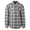 A flannel jacket in grey with a checked pattern, featuring two front pockets and a collar. It has a logo on the label.