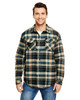 A flannel jacket with poly lining in blue, tan, and black checks, featuring two chest pockets and a button-up design.
