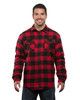 A flannel jacket in red and black check pattern, featuring a button-up front and two chest pockets. It has a logo.