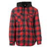 A mens zip hooded flannel jacket in red and black plaid with a black hood. Features two chest pockets and a branding logo.