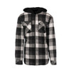 A flannel jacket with a black and white check pattern and a Sherpa-lined hoodie. Features a zip front and chest pockets.