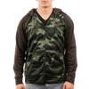 A camouflage full zip performance raglan hoodie featuring black sleeves and a fitted design.