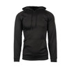 A black Performance Tech Fleece Hoodie displayed on a model, featuring a front pocket and a hood.