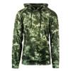 A green tie-dye performance raglan pullover hoodie with a front pouch and adjustable drawstring hood.