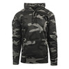 A camouflage pullover hoodie in shades of grey and black features a front pocket and a hood. It has a logo on it.