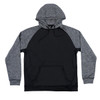 A grey and black raglan pullover hoodie featuring a hood and front pocket, with a logo on the front.