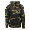 A camouflaged pullover hoodie in various shades of green, featuring a hood and a front pocket. It has a logo.