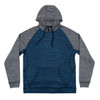 A Performance Raglan Pullover Hoodie featuring a blue body and grey raglan sleeves, complete with a front pocket and hood.