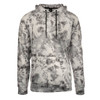 A grey and black tie-dye pullover hoodie with a front pocket and adjustable drawstring hood. It features a logo.