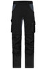 Black work pants with grey accents, featuring multiple pockets and a logo. Suitable for workwear applications.