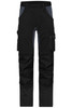 Black work pants featuring cargo pockets and a logo, designed for comfort and stretch.