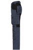 A pair of navy work pants featuring black accents and multiple pockets. The design includes a logo on the waistband.