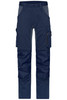 Navy work pants with multiple pockets and a logo, featuring stretch material and a modern design.