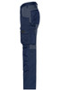 Navy blue work pants featuring multiple pockets and a grey panel design, with branding present.